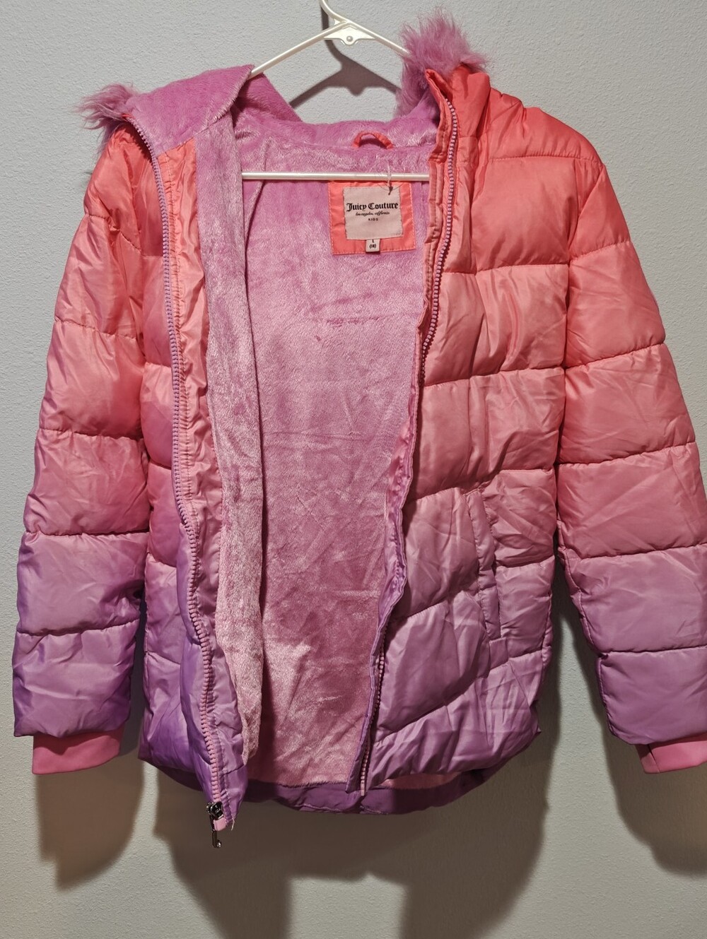 Y2K Juicy Couture Ombre Puffer Winter Coat Girl's Large 14 Pink Purple Preppy - Picture 5 of 9